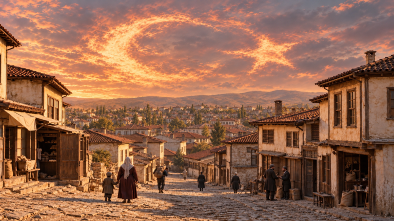 Taş evlerden oluşan tarihî bir yerleşimin üzerinde, mavi gökyüzündeki bulutlarla şekillendirilmiş Türk bayrağının ay-yıldız simgesi.
